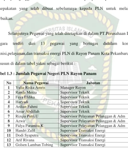 Tabel 1.3 : Jumlah Pegawai Negeri PLN Rayon Panam 