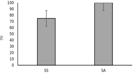 Gambar 1. Tingkat  pembuahan  telur  udang  windu  pasca-inseminasi  dengan spermatofor  yang  berasal  dari  sumber  induk  yang  berbeda,  SS= spermatofor dari induk Sulawesi Selatan dan SA= spermatofor dari induk Aceh