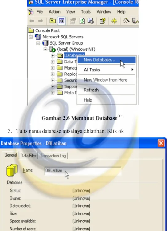 Gambar 2.6 Membuat Database [15]      3. Tulis nama database misalnya dblatihan. Klik ok 