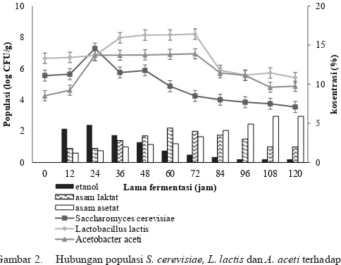 Gambar 2. Hubungan populasi S. cerevisiae, L. lactis dan A. aceti terhadap konsentrasi etanol, asam laktat, dan asam asetatbiji kakao pada kontrol selama fermentasi
