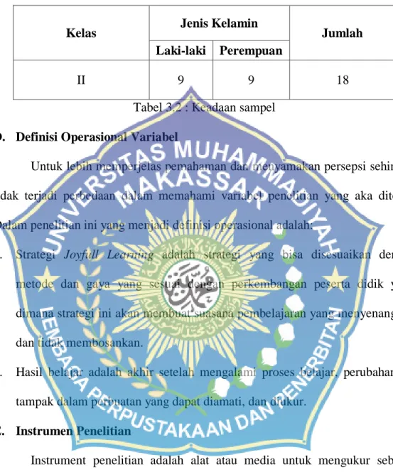 Tabel 3.2 : Keadaan sampel  D.  Definisi Operasional Variabel 