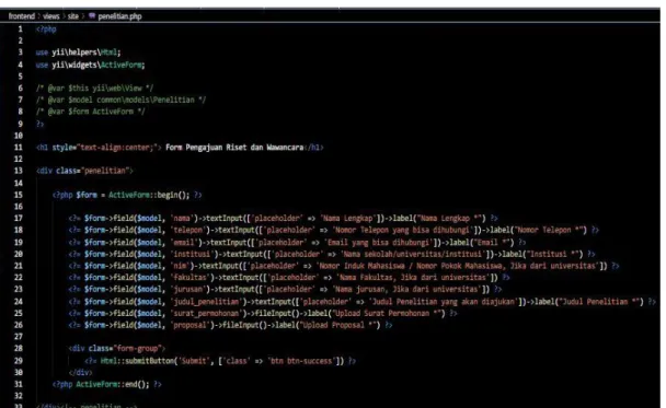 Gambar 3.18. Code untuk Tampilan Front-End Riset dan Wawancara      Pada gambar 3.18 menjelaskan sebuah code yang ada pada file frontend 