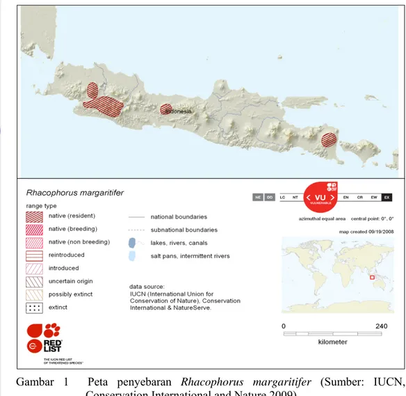 Gambar 1  Peta penyebaran Rhacophorus margaritifer (Sumber: IUCN,  Conservation International and Nature 2009)