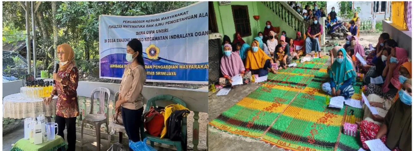 Gambar 1  Kegiatan penyuluhan dan pelatihan pembuatan desinfektan dan hand sanitizer 