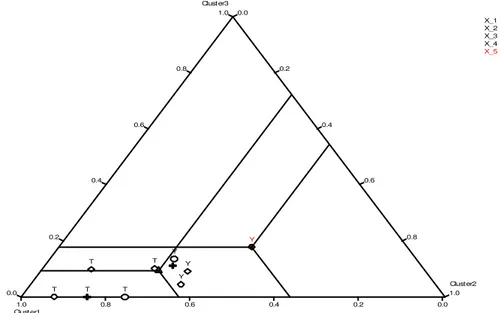 Gambar 1:  Koordinat Baricentrik model dengan tiga klaster peubah        
   