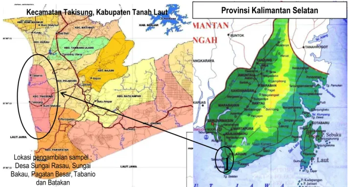 Gambar 1. Lokasi penelitian pada lima desa di pesisir pantai Kecamatan Takisung, Kabupaten Tanah Laut, Provinsi  Kalimantan Selatan 