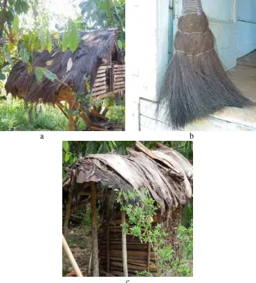 Gambar 8. Pemanfaatan Ijuk (a) atap kandang ternak, (b) sapu rumah,  (c) penyimpanan kayu bakar 