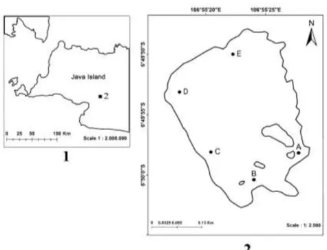 Gambar  1.  Lokasi  pengambilan  sampel  fitoplankton  di  Situ  Gunung.  1)  Pulau  Jawa,  2)