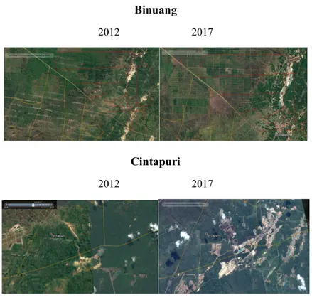 Gambar 5. Perubahan bentang alam Kawasan Pertambangan Batubara Binuang-Cintapuri   Tahun 2012 dan 2017  