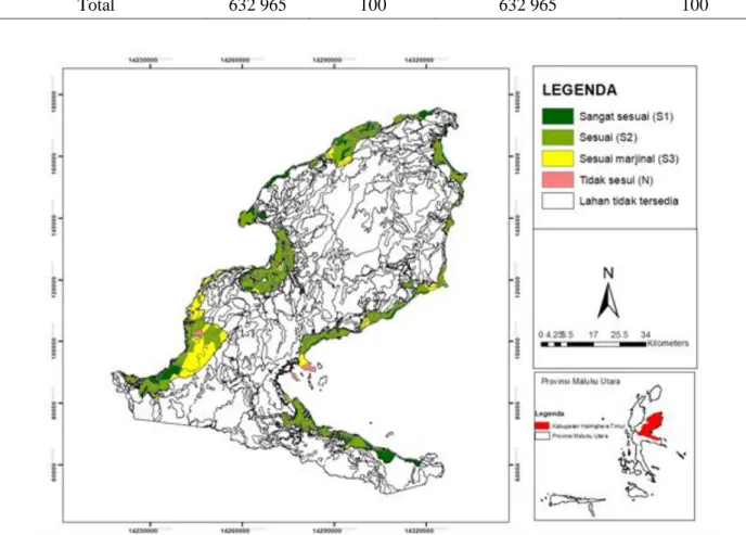 Tabel 8 Kesesuaian dan ketersediaan lahan untuk permukiman di Kabupaten Halmahera Timur  No  Kesesuaioaan lahan  