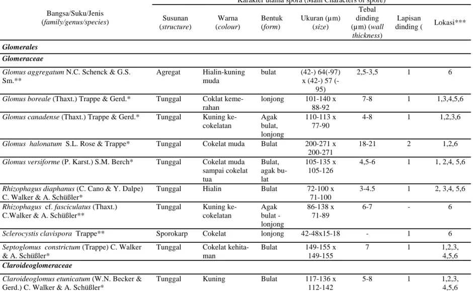 Tabel 1. Daftar jenis-jenis FMA yang bersimbiosis dengan kayu kuku di Sulawesi Tenggara (Species list of AMF associated with nedum tree in South- South-east Sulawesi)  
