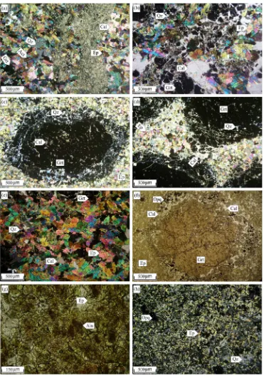 Fig. 5. Photomicrographs of Astamal skarn rock specimens: (a) Mylonitized skarn zone with brecciated garnet, epidote, calcite and quartz crystals