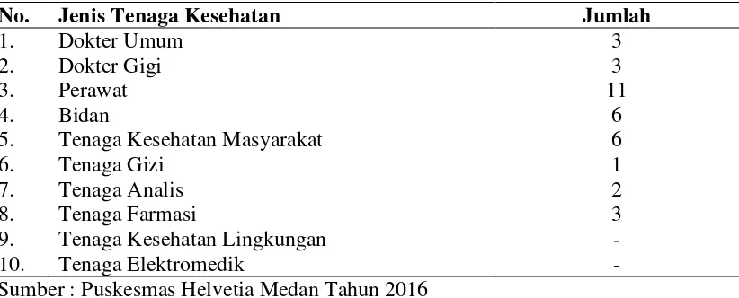 Tabel 4.3 Tenaga Kesehatan di Puskesmas Helvetia Medan Tahun 2016 
