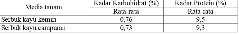 Tabel 1. Rata-rata kadar karbohidrat dan protein pada jamur tiram putih yang dikultur pada serbuk kayu kemiri dan kayu campuran (kayu mahoni, kemiri, jati, dan rambung) 