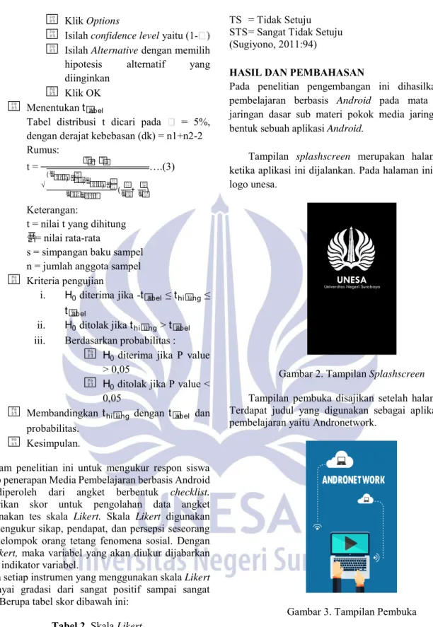 Tabel  distribusi  t  dicari  pada    =  5%,  dengan derajat kebebasan (dk) = n1+n2-2  Rumus:  t =  ̅ − ̅ √ (푛 ) 푆 (푛 ) 푆 푛 푛 ( 푛 + 푛 ) Keterangan: 