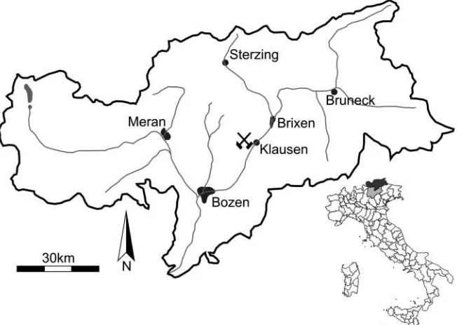 Figure 1: Geographic map of South Tyrol, the mining symbol marks the location of the Pfunde-Bozen/Bolzano and Brixen/Bressanone.rer Berg