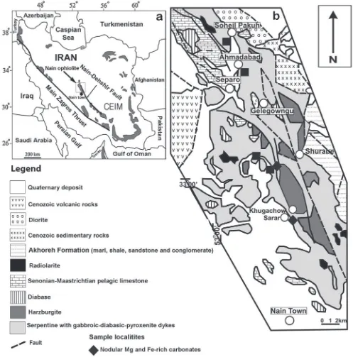 Fig. 1. a – Distribution of different ophiolite complexes in Iran; b – Simplified geological map of north of Nain town (modified after  DavouDzaDeh 1972).
