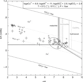 Fig. 5 Eh-pH plot and Cu-mineral stability fields forLibiola (large + this work;small + literature) and Vig-onzano (large X this work;small x literature) red andblue waters, at temperaturebetween 5° and 15°C