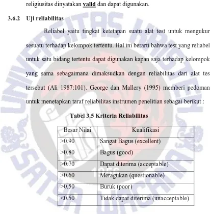 Tabel 3.5 Kriteria Reliabilitas  