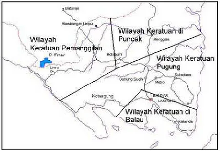 Gambar perkiraan peta wilayah keratuan-keratuan di Lampung Pada sekitar abad XVII-XVIII, ketika pengaruh kekuasaan  Banten  memuncak  di  Lampung,  kelima  keratuan  adat  tersebut  membentuk  pemerintahan  persekutuan  adat  berdasarkan  buway  (keturunan