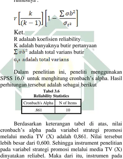 Tabel 3.6  Reliability Statistics  Cronbach's Alpha  N of Items 