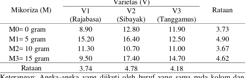 Tabel 5.   Berat kering akar (gram) dengan perlakuan taraf mikoriza dan varietas. 