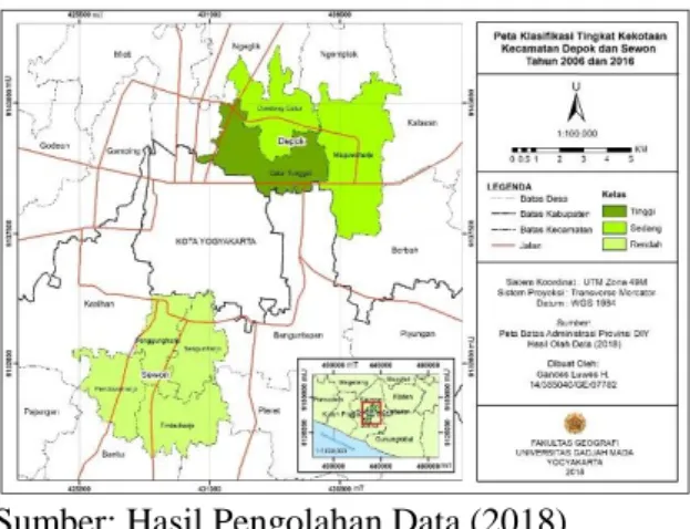 Gambar 1.2 Peta Klasifikasi Tingkat Kekotaan  di Kecamatan Depok dan Sewon Tahun 2016 