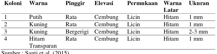 Tabel 2.1 Jenis-jenis Koloni pada Sampel A dan K oleh Santi et al. (2015) 