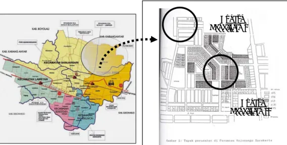 Gambar 3. Peta surakarta dan 2 lokasi pengukuran di Tapak Perumnas Mojosongo Surakarta  (sumber : www.surakarta.go.id diolah, tahun 2007, dan Soedibyo, Slamet, 1991) 