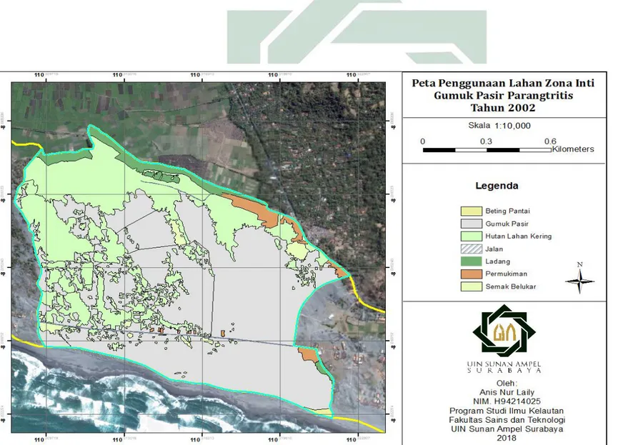 Gambar 4.2 Peta penggunaan lahan Zona Inti Gumuk Pasir Tahun 2002  Sumber: Olah data, 2018 