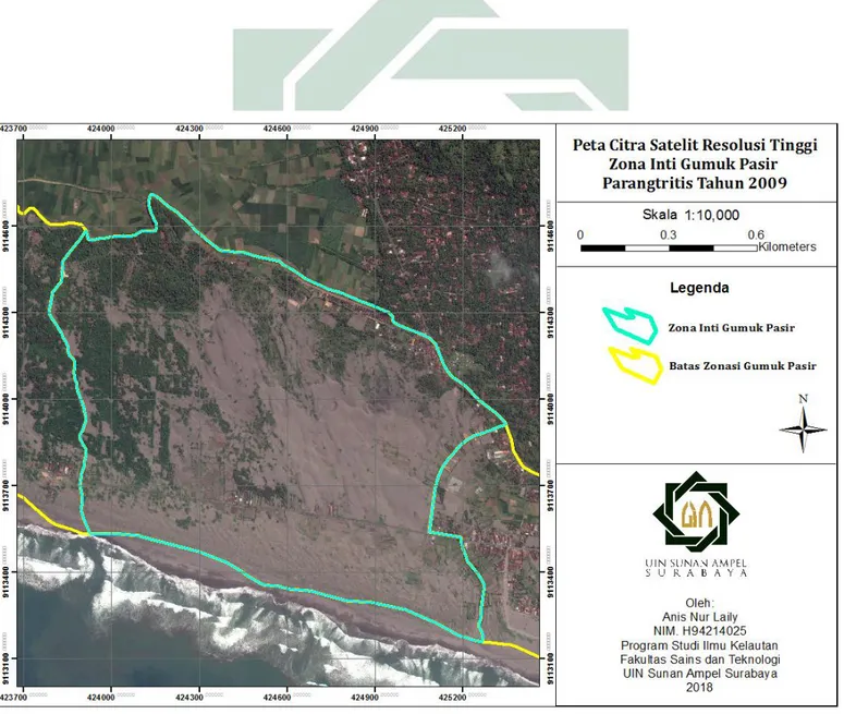 Gambar 4.3 Peta citra satelit resolusi tinggi Zona Inti Gumuk Pasir tahun 2009  Sumber: Olah Data, 2018 