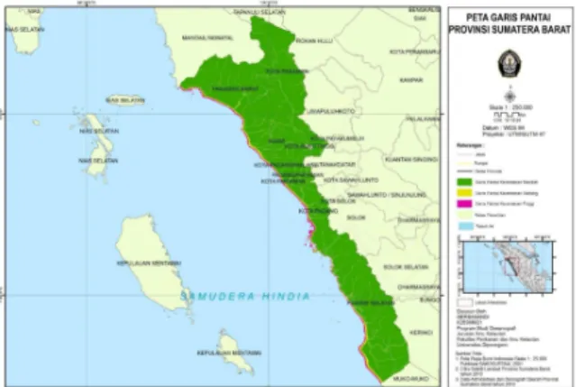 Gambar 2. Peta Ketinggian Daratan  Berdasarkan  pengolahan  DEM  (Digital  Elevation  Model),  didapatkan  hasil  berupa  peta  ketinggian  daerah  pesisir  Sumatera  Barat  dimana 