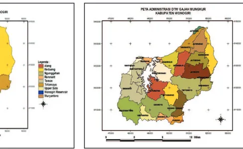 Gambar 1.  Peta  Sub-sub  DAS  di  DTW  Gajah  Gambar 2.  Peta  Administrasi  Kabupaten memengaruhi atau dipengaruhi dan mempunyai 