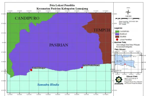 Gambar 3. 1 Peta Lokasi Penelitian Pesisir Kecamatan Pasirian, Kabupaten Lumajang 