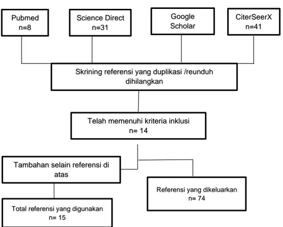 Gambar 1. Diagram alir pencarian literatur penelitian Pubmed n=8  CiterSeerX n=41 Google Scholar n=8 Science Direct n=31 