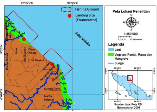 Gambar 1. Peta lokasi penelitian di perairan Aceh Timur.