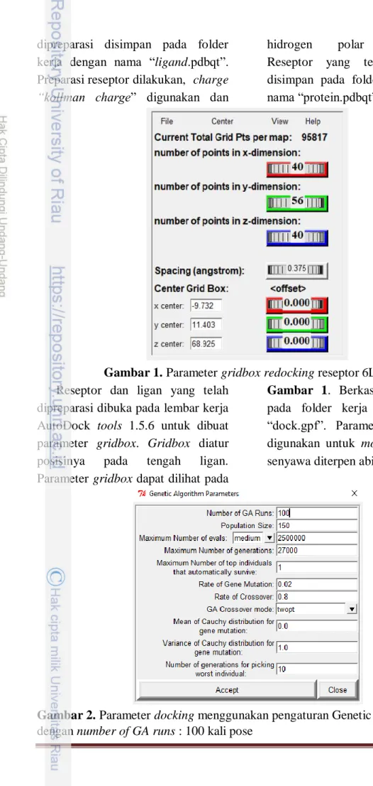 Gambar 1. Parameter gridbox redocking reseptor 6LU7  Reseptor  dan  ligan  yang  telah 