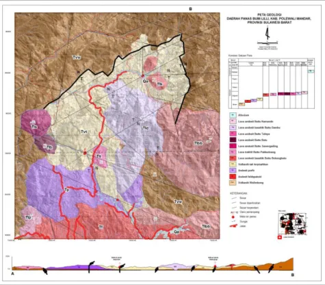 Gambar 2. 3 Peta Geologi Daerah Penelitian Panas Bumi Hasil Tim Survei  PSDMBP  (Kholid dkk, 2011) 