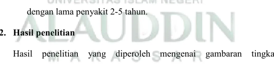 Gambar 4.4 menunjukkan bahwa dari 36 ibu penderita kanker  payudara, sebanyak 12 orang atau 33,34% responden dengan lama  penyakit  &gt;1  tahun,  sebanyak  24  orang  atau  66,66%  responden  dengan lama penyakit 2-5 tahun