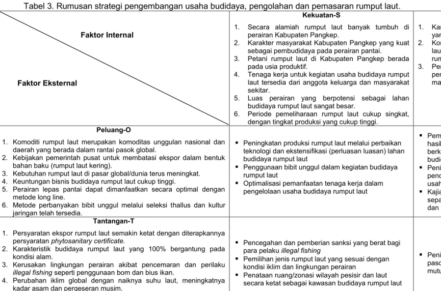 Tabel 3. Rumusan strategi pengembangan usaha budidaya, pengolahan dan pemasaran rumput laut