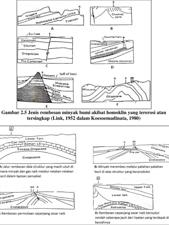 Gambar 2.6 Rembesan minyak yang berasosiasi dengan lapisan dan formasi tempat  minyak terbentuk (Link, 1952 dalam Koesoemadinata, 1980) 