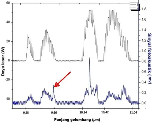 Gambar 2. Spektrum daya intrakavitas laser CO2 dan sinyal serapan garis laser aseton. 