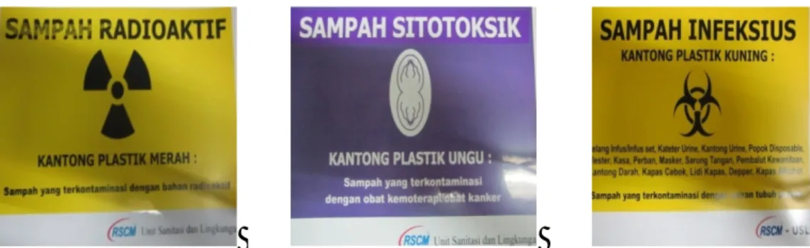 Gambar 4.2 Label Limbah Padat Medis di RSUPN DR. Cipto Mangunkusumo  Dalam  pemilahan/pemisahan  limbah  padat  medis,  pada  saat  observasi  di  poliklinik  pusat  jantung terpadu dan  hemodialisa masih adanya  limbah padat  non-medis  yang dibuang  ke t