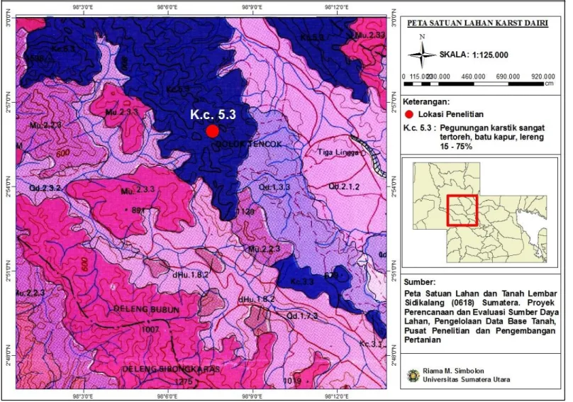 Gambar 2. Peta lokasi pengamatan tanah pada Land Unit and Soil Map of the Sidikalang Sheet, Sumatera No