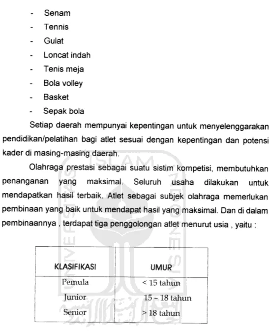 Tabel II.1 Klasifikasi atlet menurut umur Sumber: Wawancara