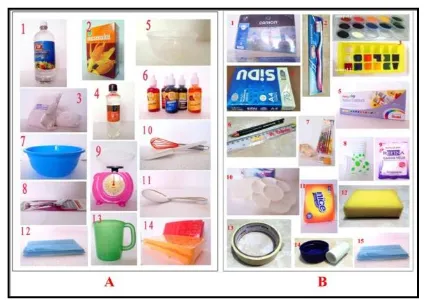 Gambar 9. Alat dan bahan yang digunakan dalam proses pembuatan cat air (A) dan alat dan bahan yang dibutuhkan untuk uji coba warna (B) 