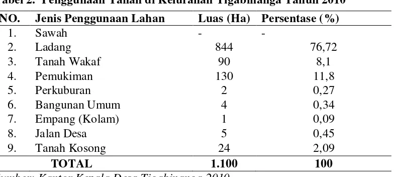 Tabel 2.  Penggunaan Tanah di Kelurahan Tigabinanga Tahun 2010  