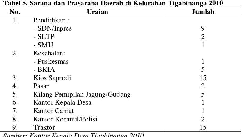 Tabel 5. Sarana dan Prasarana Daerah di Kelurahan Tigabinanga 2010 