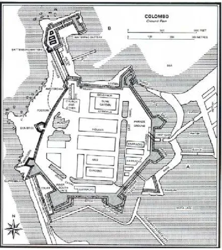 Ilustrasi 4: Pusat kota Colombo yang dikelilingi benteng pada akhir abad kedelapan  belas (Nelson 1984: 19).
