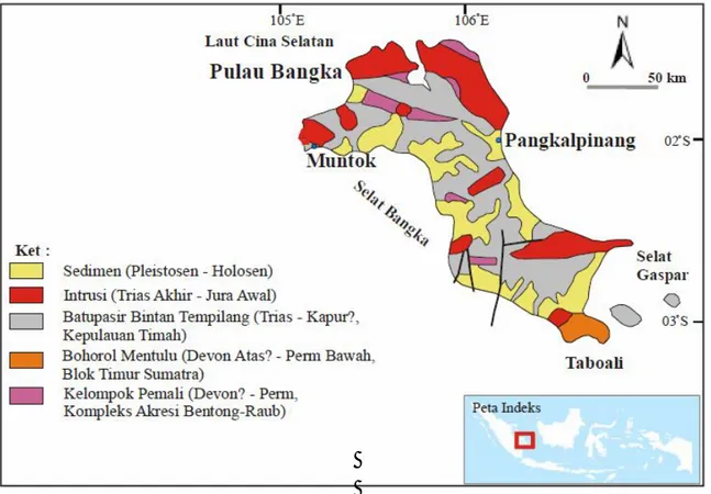 Gambar 1. Simplifikasi peta geologi regional Pulau Bangka (Crow &amp; Barber, 2005)